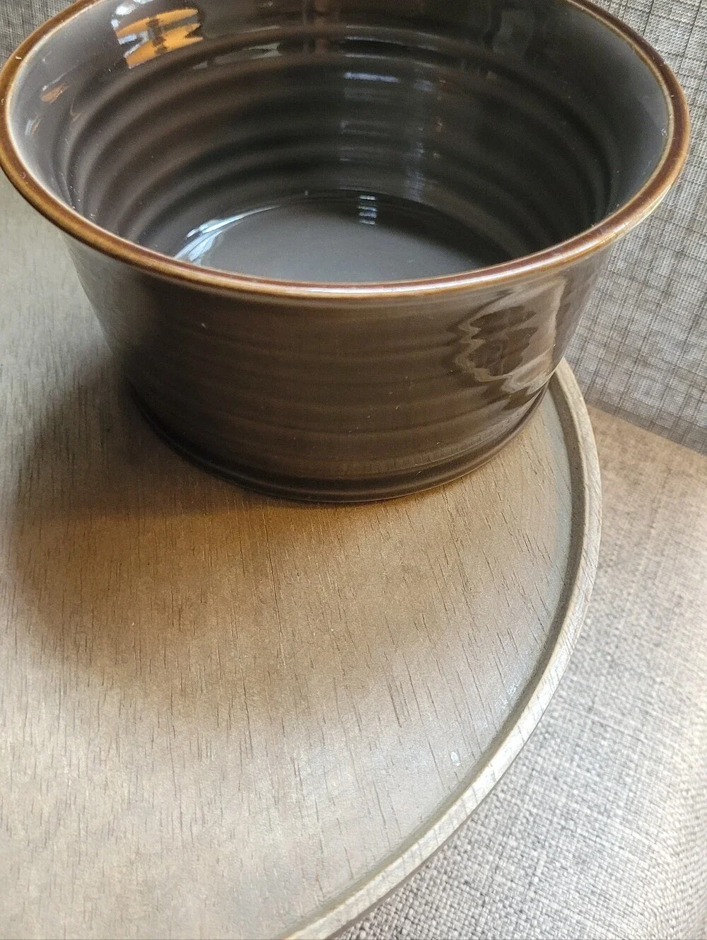 Set of Two Baum Brothers TUSCANY Stoneware Bowls in Warm Gray with Brown Rim.